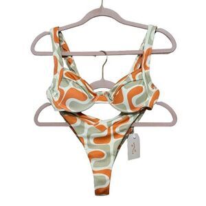 NWT Aurelle Bikini Womens Medium High Waist Padded Bra Orange Green MCM Print